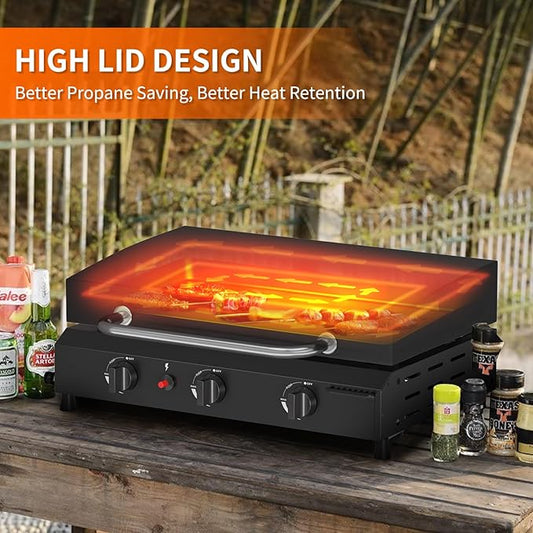 SKOK 3 Burner Gas Griddle with Hood- 23.3 Inch Outdoor Propane Griddle-45000 BTU Propane Fuelled, Portable Flat Top Gas Grill Camping Griddle with Lid for Kitchen, Outdoor BBQ, Camping